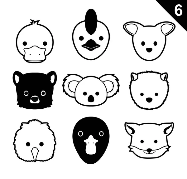 Visages Animaux Plats Monochrome Icône Cartoon Vector Set Australie — Image vectorielle