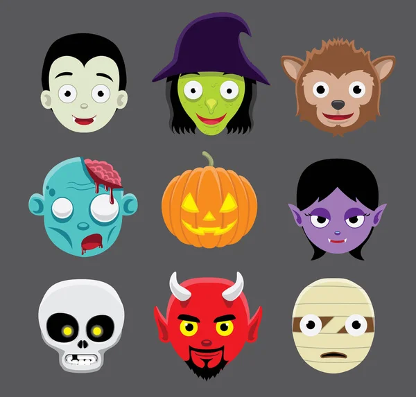 Halloween Znaków Głowy Kreskówki Wektor Ilustracji — Wektor stockowy