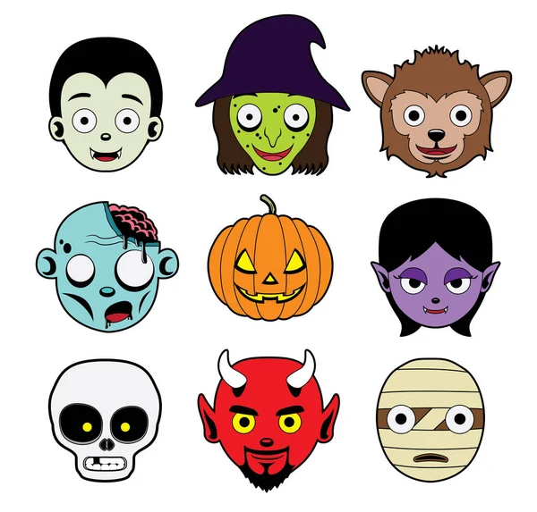 Illustration Vectorielle Dessin Animé Des Têtes Personnage Halloween — Image vectorielle