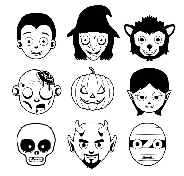 Illustration Vectorielle Bande Dessinée Monochrome Têtes Personnage Halloween — Image vectorielle