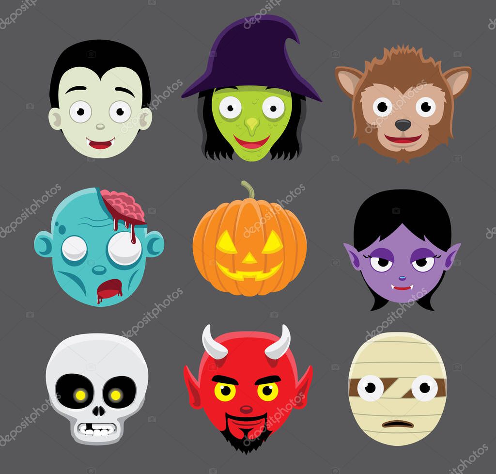 Halloween Character Heads Cartoon Vector Illustration