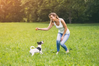 Güzel kadın doğada onun sevimli köpek Jack Russell Terrier ile oynamaktan hoşlanıyor. Görüntü kasten tonda.