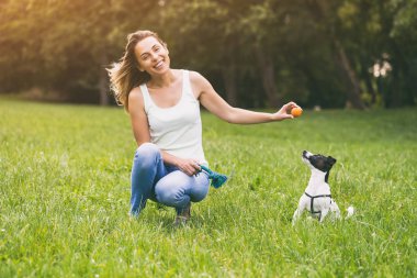 Güzel kadın doğada onun sevimli köpek Jack Russell Terrier ile oynamaktan hoşlanıyor. Görüntü kasten tonda.