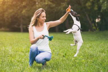Güzel kadın doğada onun sevimli köpek Jack Russell Terrier ile oynamaktan hoşlanıyor. Görüntü kasten tonda.