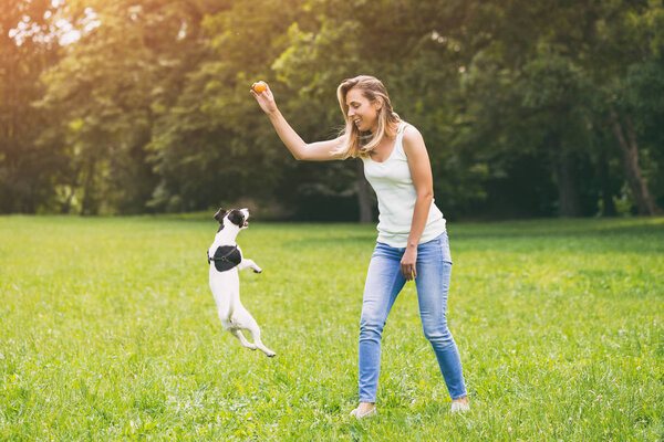 Beautiful woman enjoys playing with her cute dog Jack Russell Terrier in the nature. Image is intentionally toned.