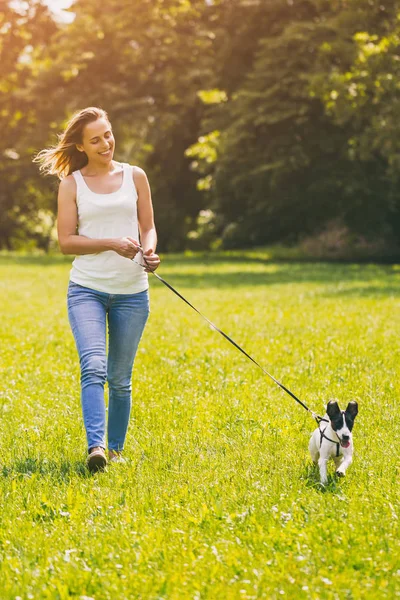 Güzel bir kadın ile onun sevimli köpek Jack Russell Terrier doğada yürüyüş sahiptir. Görüntü kasten tonda.