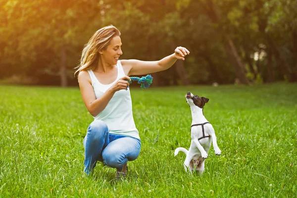 Woman Her Dog Jack Russell Terrier Playing Nature Image Intentionally — Stock Photo, Image