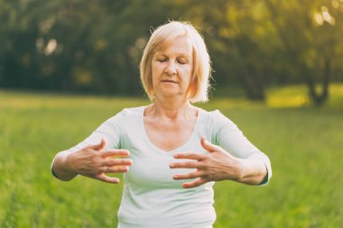 Kadın kıdemli Egzersiz Tai Chi doğada sahiptir. Görüntü kasten tonda.