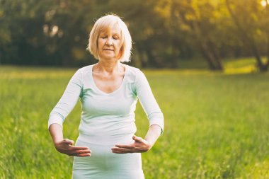 Kadın kıdemli Egzersiz Tai Chi doğada sahiptir. Görüntü kasten tonda.