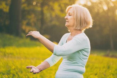 Kadın kıdemli Egzersiz Tai Chi doğada sahiptir. Görüntü kasten tonda.