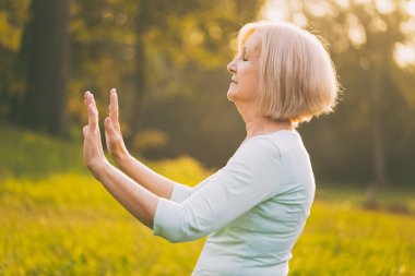 Kadın kıdemli Egzersiz Tai Chi doğada sahiptir. Görüntü kasten tonda.
