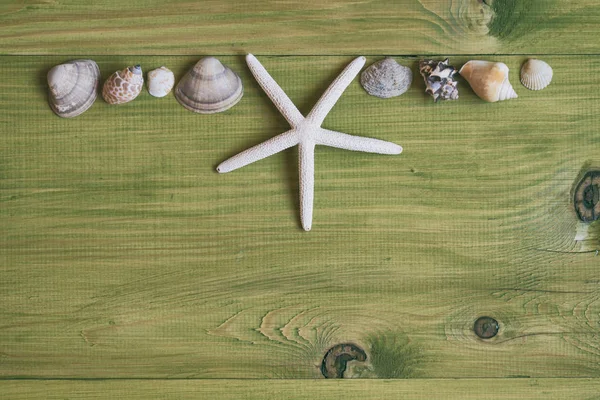 Bild Von Seesternen Und Muscheln Auf Holztisch Bild Ist Absichtlich — Stockfoto