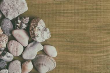Kabukları ve taşlar ahşap masa üzerinde görüntü. Görüntü kasten tonda.