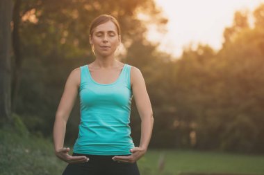 Güzel kadın doğada Tai Chi egzersiz sahiptir. Görüntü kasten tonda.