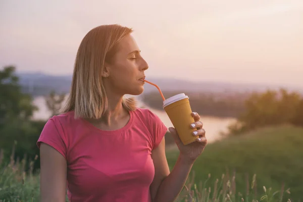 Beautiful Woman Enjoys Drinking Coffee Outdoor Cityscape River View Her — Stock Photo, Image