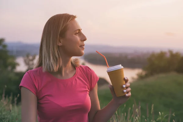 Beautiful Woman Enjoys Drinking Coffee Outdoor Cityscape River View Her — Stock Photo, Image