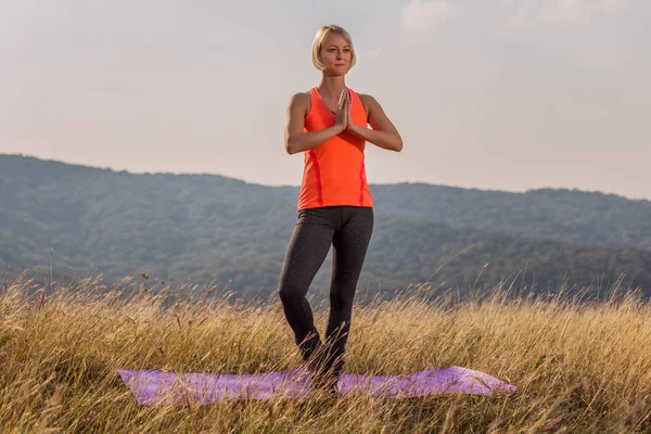 在大自然中做瑜伽的美丽的女人 树的姿势 Vrikshasana 图像是故意色调 — 图库照片