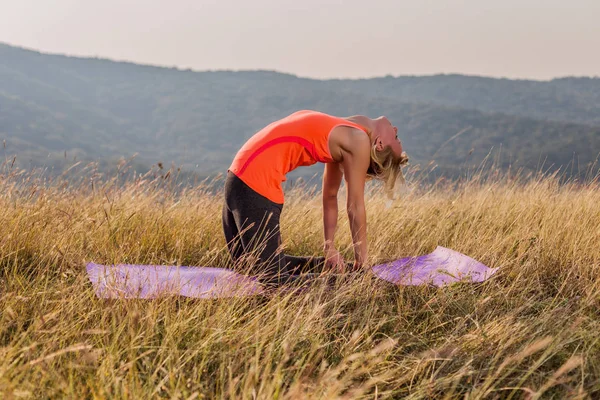 Bella Donna Che Yoga Nella Natura Ustrasana Avanzato Cammello Posa — Foto Stock