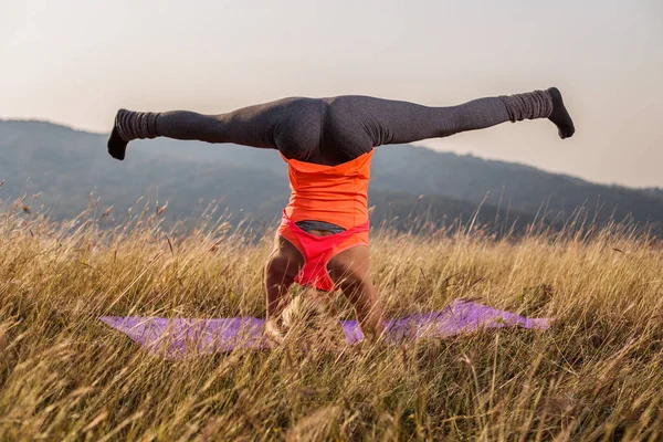 Sirsasana サポートされている Headstand Image 自然の中でヨガをしている美しい女性が意図的にトーンダウンです — ストック写真