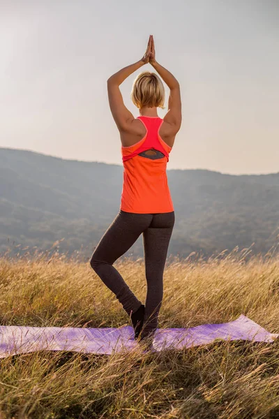 在大自然中做瑜伽的美丽的女人 树的姿势 Vrikshasana 图像是故意色调 — 图库照片