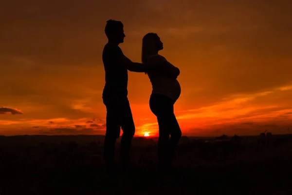 夫と屋外に立っている間怒っている妊娠中の妻のシルエット トーンのイメージ — ストック写真