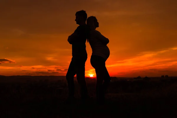 夫と屋外に立っている間の競合を持っている妊娠中の妻のシルエット トーンのイメージ — ストック写真