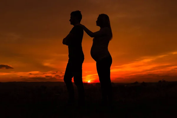 怒っている夫と屋外に立って彼らながら妊娠中の妻のシルエット トーンのイメージ — ストック写真