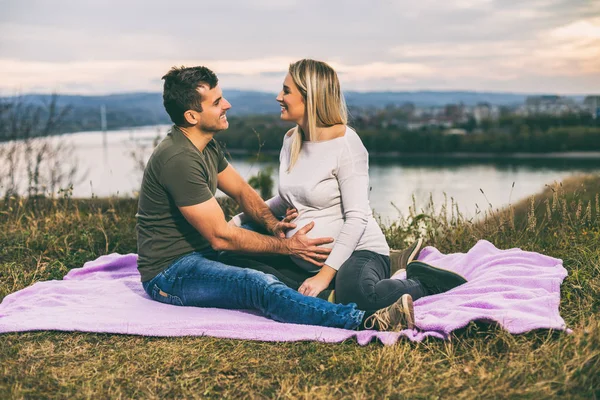Husband His Pregnant Wife Enjoy Spending Time Together Outdoor Toned — Stock Photo, Image
