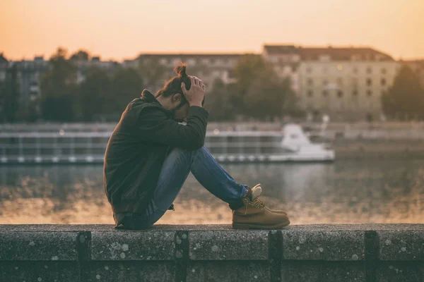 Depressed Modern Businessman Sitting River Toned Image — Stock Photo, Image