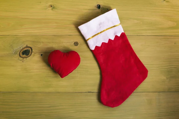 Image Christmas Stocking Heart Wooden Table Toned Image — Stock Photo, Image