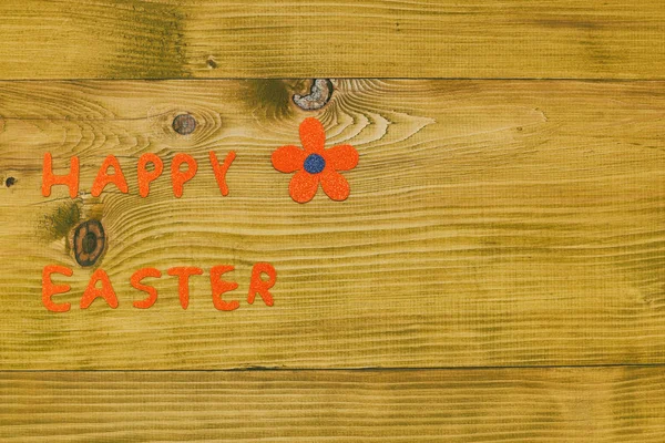 Ευτυχισμένος Πασχαλινό Μήνυμα Λουλούδι Ξύλινο Τραπέζι Τονισμένο Φωτογραφία — Φωτογραφία Αρχείου