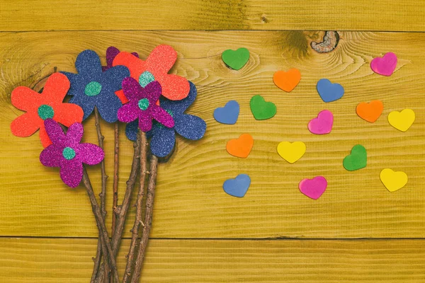 Image Bouquet Flowers Heart Shapes Wooden Table Toned Photo — Stock Photo, Image