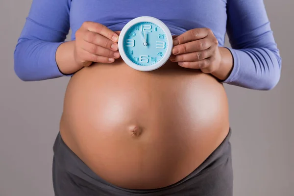 Image Close Stomach Pregnant Woman Holding Clock Gray Background — Stock Photo, Image