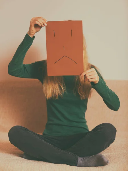 Depressed Woman Sitting Alone Sofa Holding Paper Sad Face Toned — Stock Photo, Image