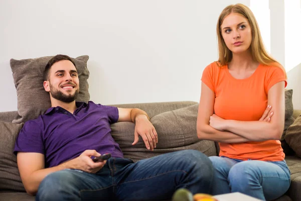 Angry Wife Husband Having Conflict Because Husband Watching Too Much — Stock Photo, Image