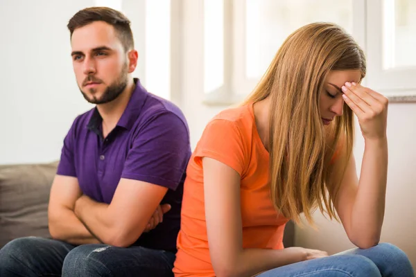 Angry Wife Husband Having Conflict While Sitting Sofa Home — Stock Photo, Image