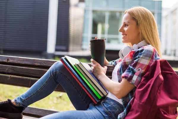 Female Student Drinking Coffee Outdoor — 图库照片