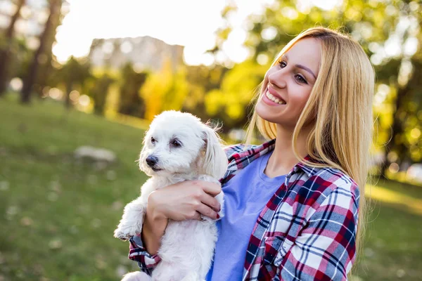 美しい女性過ごす時間とともに彼女のマルタ犬屋外 — ストック写真