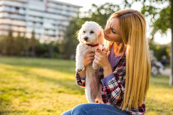 公園で時間を過ごしながらマルタ犬を叱る女 — ストック写真