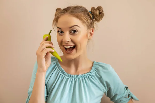 Cute Playful Woman Holding Green Pepper Toned Image — Stock Photo, Image