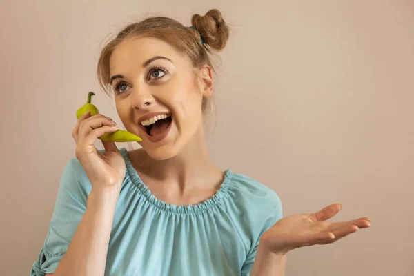 Cute Playful Woman Holding Green Pepper Toned Image — Stock Photo, Image