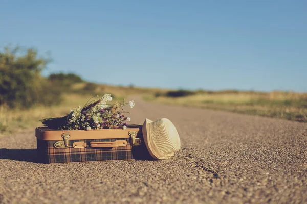 Imagen Vieja Maleta Sombrero Flores Camino Del Campo — Foto de Stock