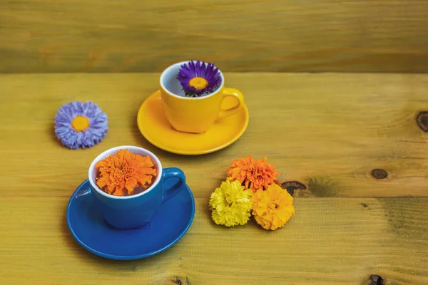 Hermosos Pétalos Flores Copas Sobre Fondo Madera — Foto de Stock