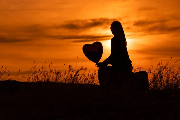 Silueta Una Mujer Sentada Una Maleta Con Globo Forma Corazón — Foto de Stock