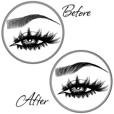 Kadın gözleri, kirpikleri ve kaşları olan bir resim. Makyaj. Bak. Dövme tasarımı. Kaş barı ya da kırbaç salonu logosu. Boyama bakımından önce ve sonra. Bir çift bakımlı ve kabarık kaşlı..