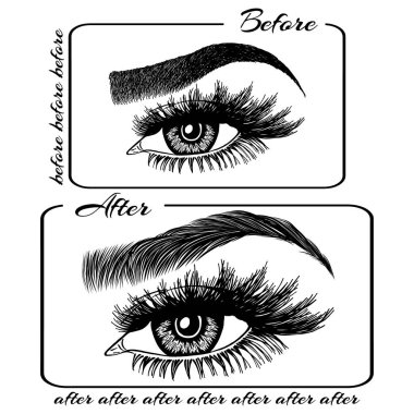Kadın gözleri, kirpikleri ve kaşları olan bir resim. Makyaj. Bak. Dövme tasarımı. Kaş barı ya da kırbaç salonu logosu. Boyama bakımından önce ve sonra. Bir çift bakımlı ve kabarık kaşlı..