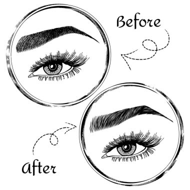 Kadın gözleri, kirpikleri ve kaşları olan bir resim. Makyaj. Bak. Dövme tasarımı. Kaş barı ya da kırbaç salonu logosu. Boyama bakımından önce ve sonra. Bir çift bakımlı ve kabarık kaşlı. Çerçeveden önce ve sonra.