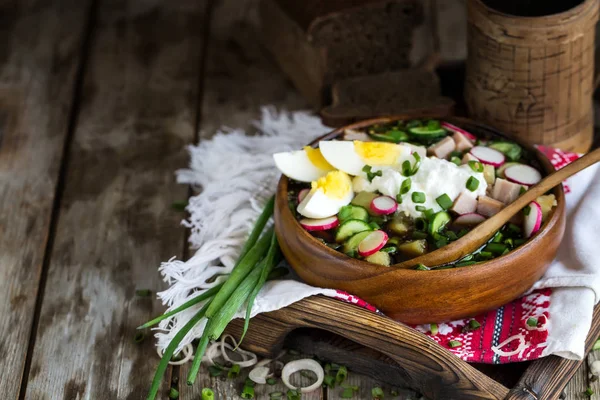 Sopa Fría Tradicional Rusa Okroshka Con Papa Jamón Pepinos Huevos — Foto de Stock