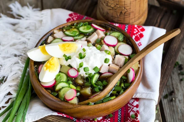 Russian Traditional Cold Soup Okroshka Potato Ham Cucmebers Eggs Radish — Stock Photo, Image