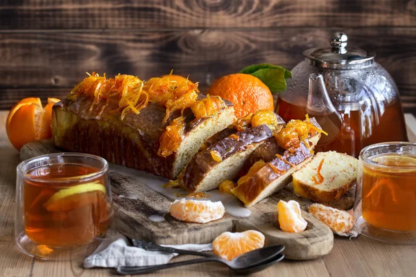 Przeszklone Tort Pomarańczowy Polewa Mandaryn Dżem Herbata Cytryną Zdjęcia Stockowe bez tantiem